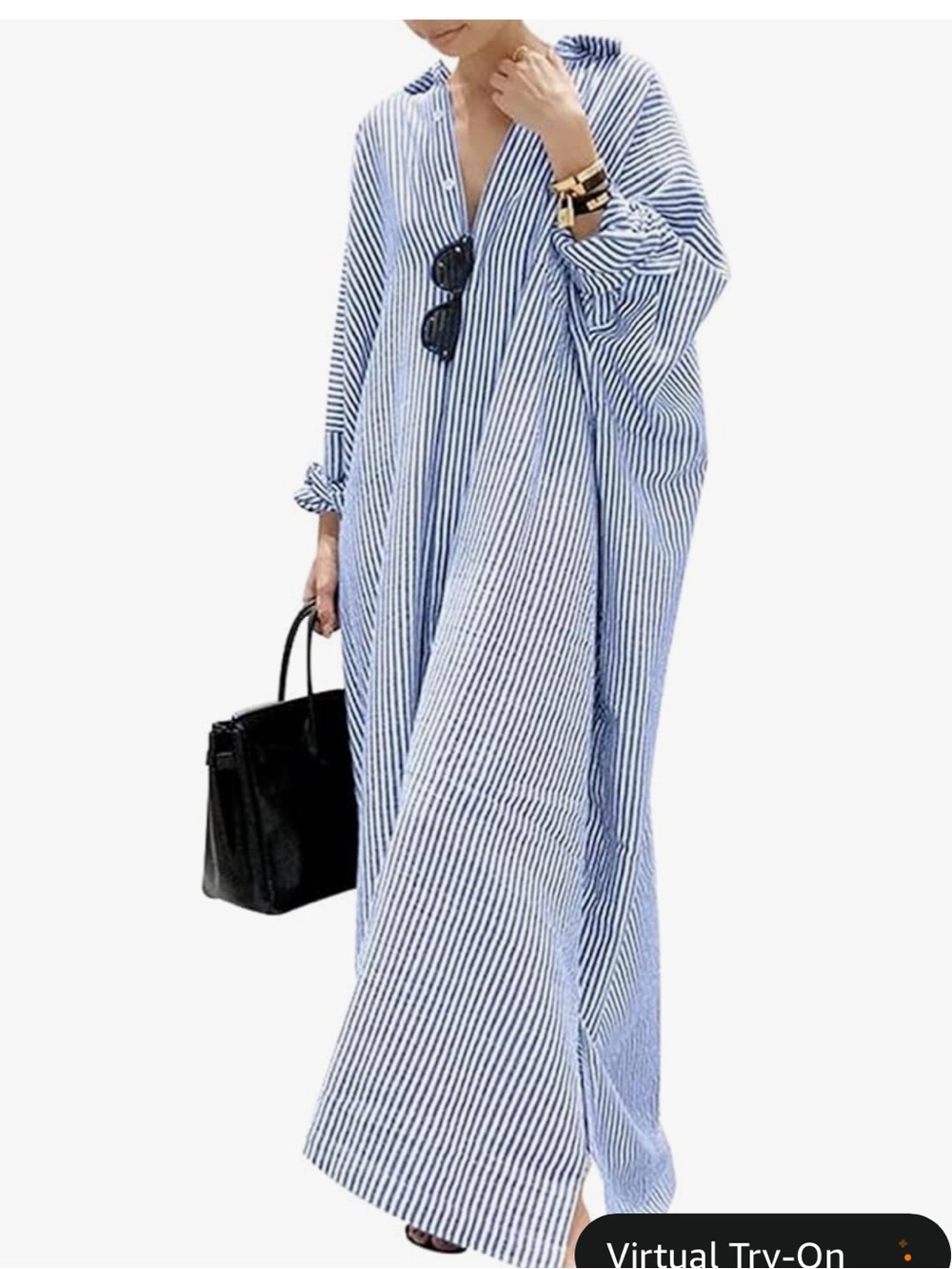 Women's Casual Long Sleeve Button Down Loose Striped Cotton Maxi Shirt Dress